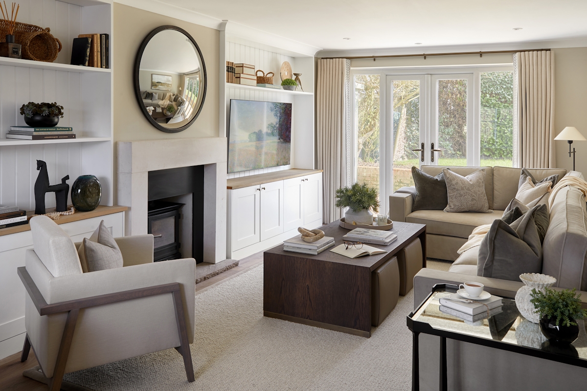 Modern country style living room with Rosedale Velvet Corner Sofa and Adelaide Wrap Coffee Table by LuxDeco and neutral colour cushions